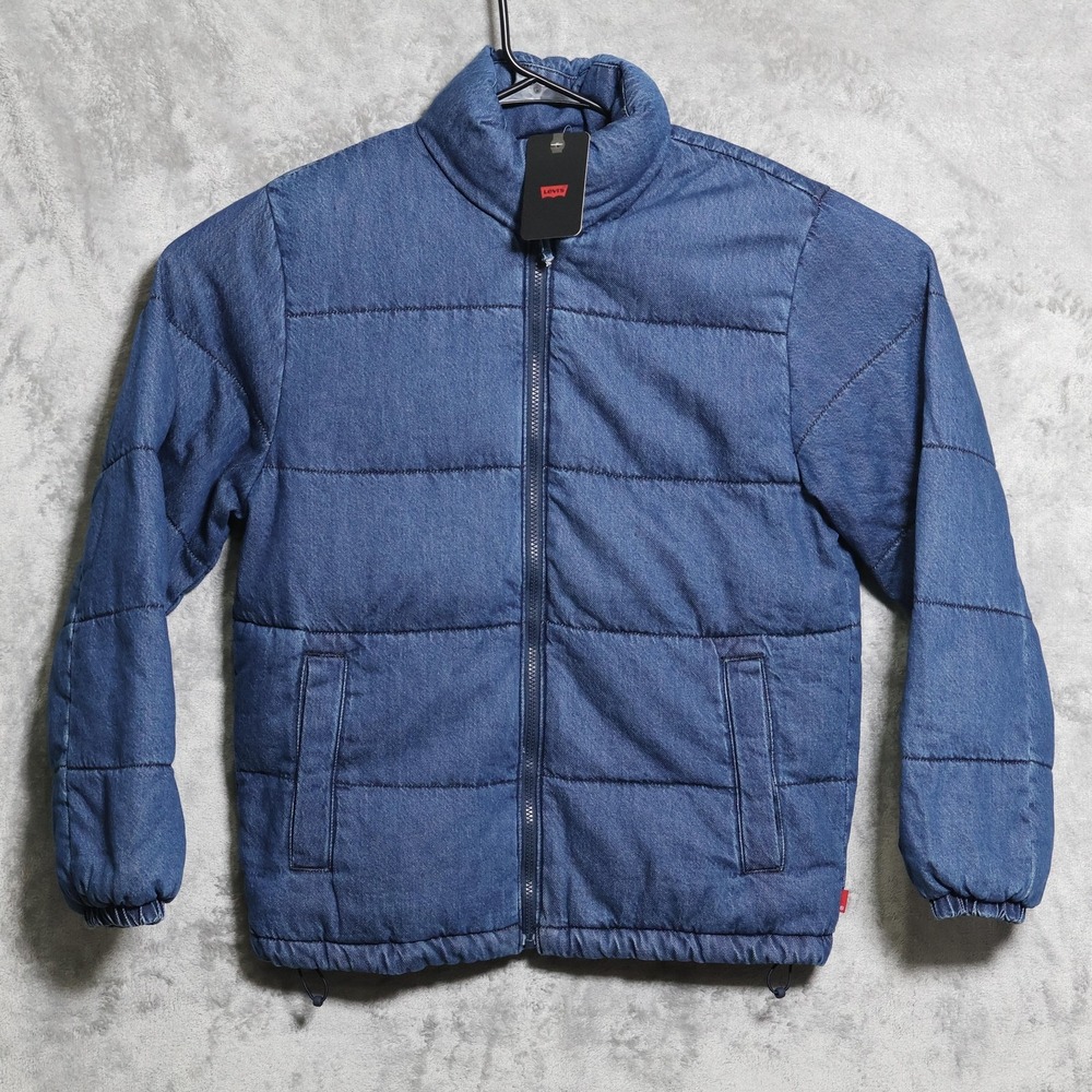 Levis Jacket Mens Small Blue Puffer Denim Insulated Full Zip Winter Casual